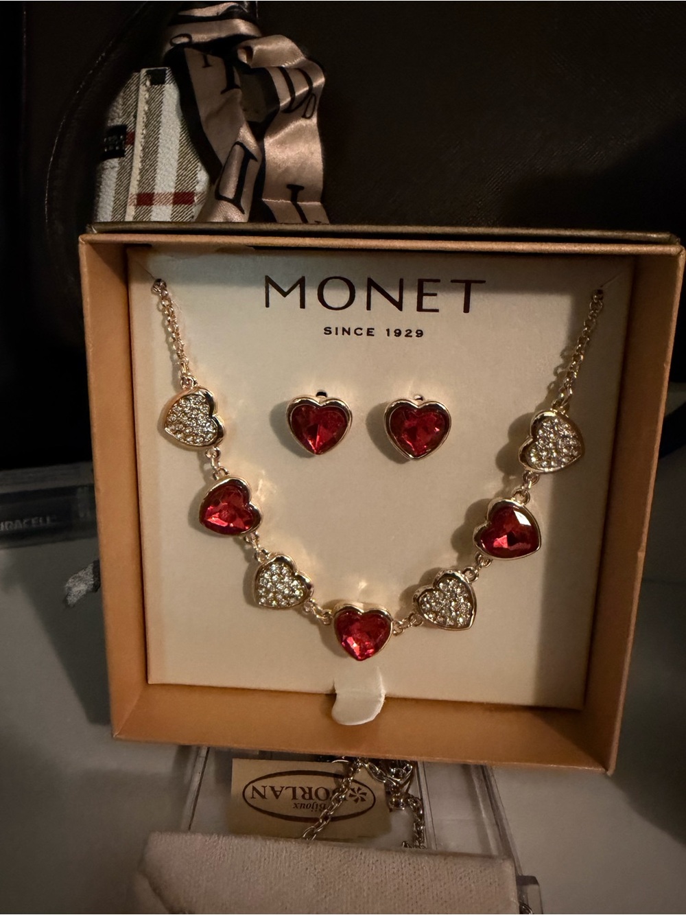 NWT Monet Gold-Tone Necklace with Red Heart Stones and Crystal Accents